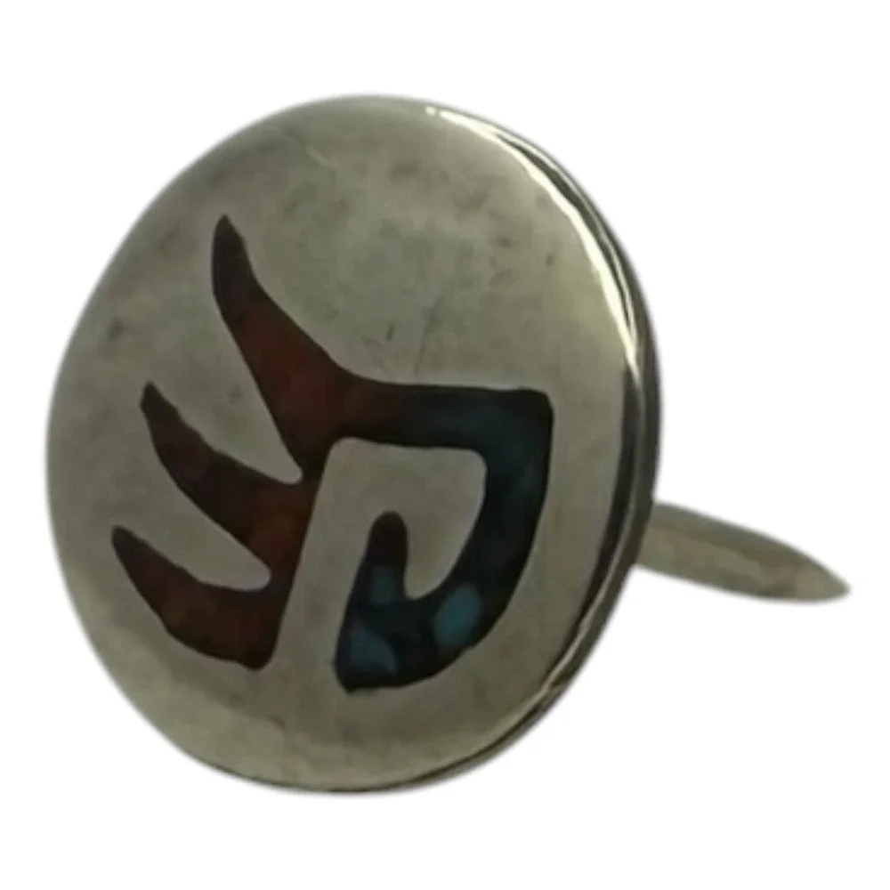 Vintage Tie Tack Sterling Silver Zuni Chip Inlay Turquoise Coral